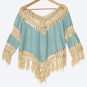 Umgee Festival Crochet Fringe Bohemian Poncho Womens M Coastal‎ Cowgirl Top
